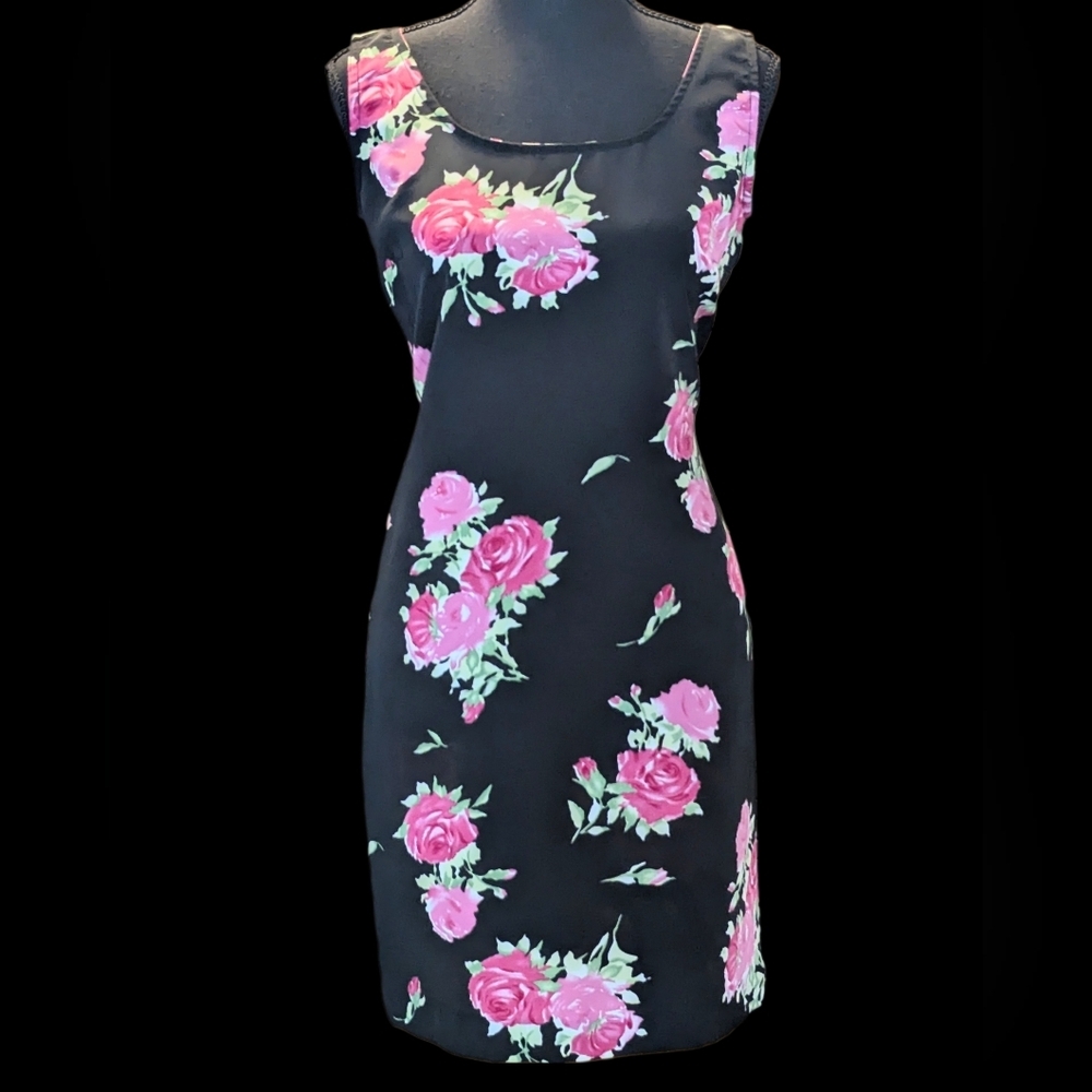 Vintage 90s Floral Black and Pink Dress With Roses Mini Small Or Medium